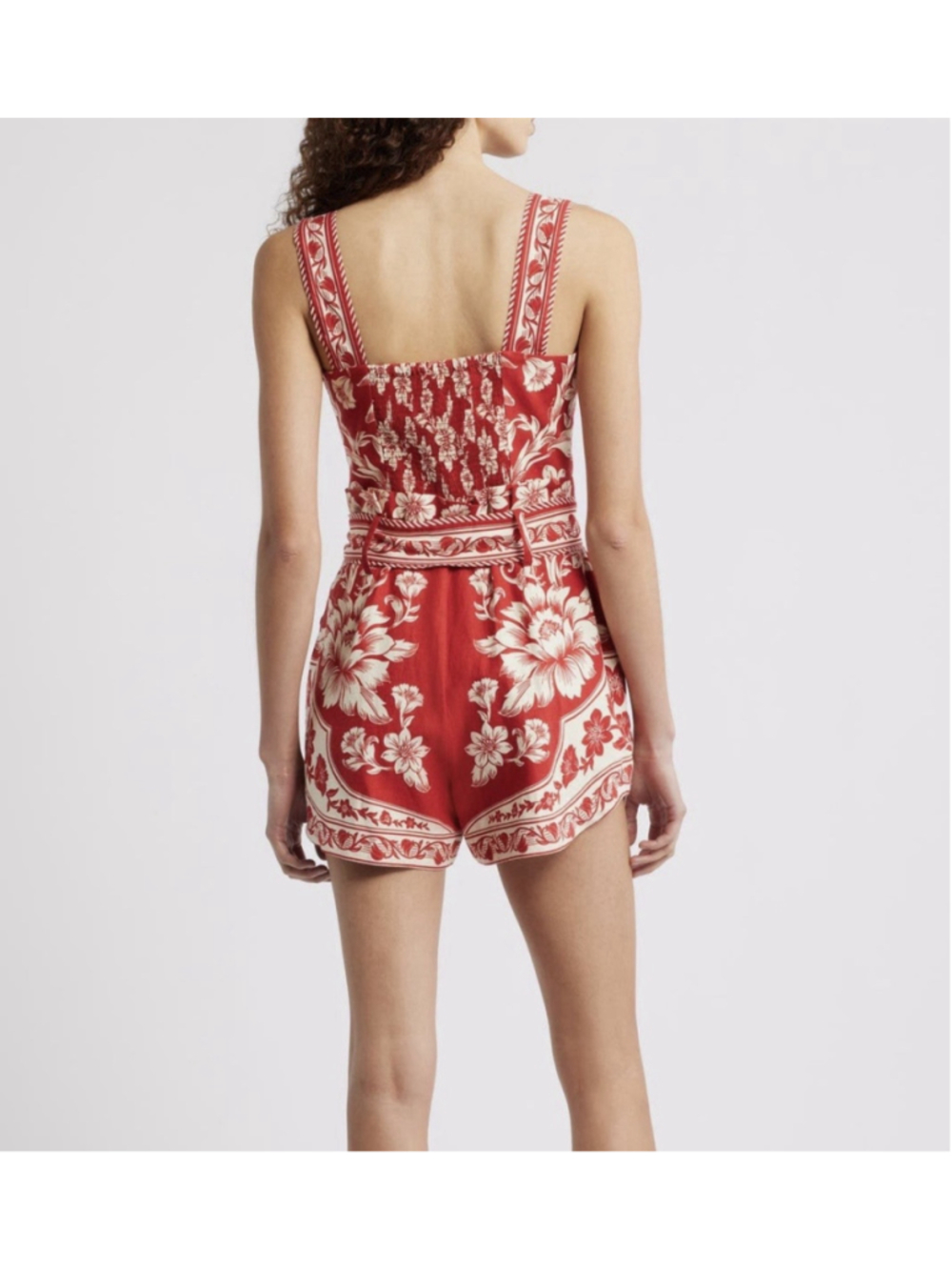 NWT Farm Rio Linen Blend Guanacaste Red/White Floral Romper Size:L MSRP:$198 - Picture 2 of 10